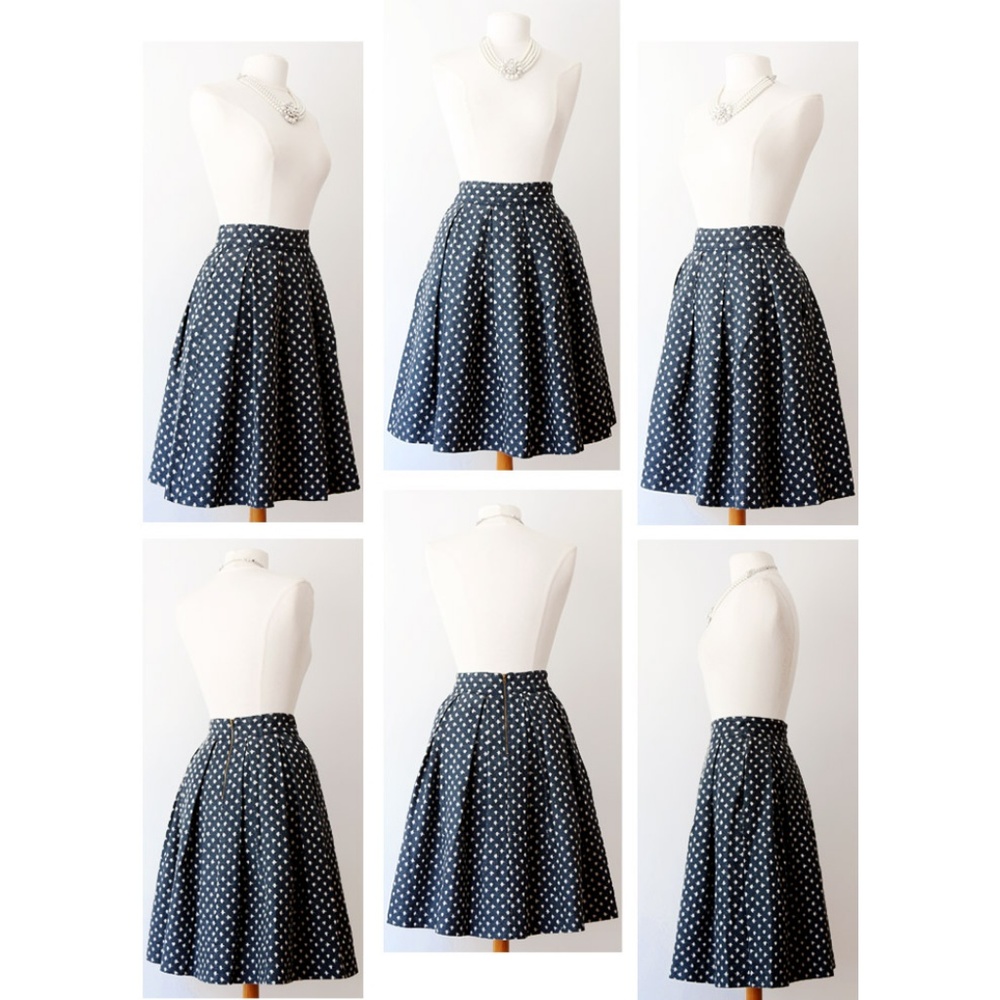 Navy Blue 100% Linen Pleated Retro Cute Midi Skirt - Picture 7 of 8